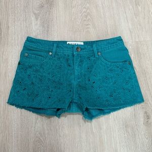 kids roxy girl teal green blue medium wash denim lace crochet jean shorts
